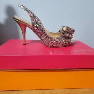 New Kate Kate Spade Charm Sparkle Multi Glitter Slingback Bow Heels Size 7.